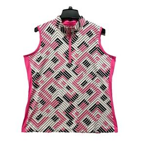 Tail Womens XL Golf/Tennis Sleeveless Shirt Pink/Black/White Geometric Q Zip EUC